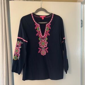 Lily Pulitzer Embroidered Navy Tunic Top with Pink Accents